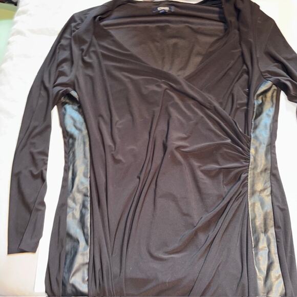 CHAPS Black Faux Wrap Midi Knit Dress with "Leather" sides - Picture 4 of 12